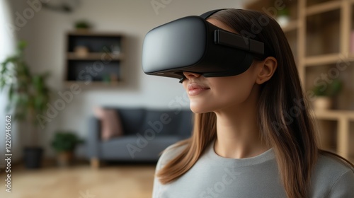 A woman interacting with a VR headset, featuring a virtual display in the air and balanced lighting