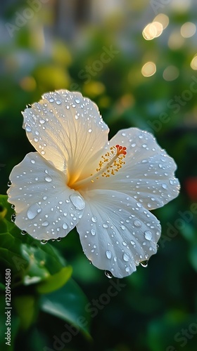 Beautiful white hibiscus flower with drops of water, green background.