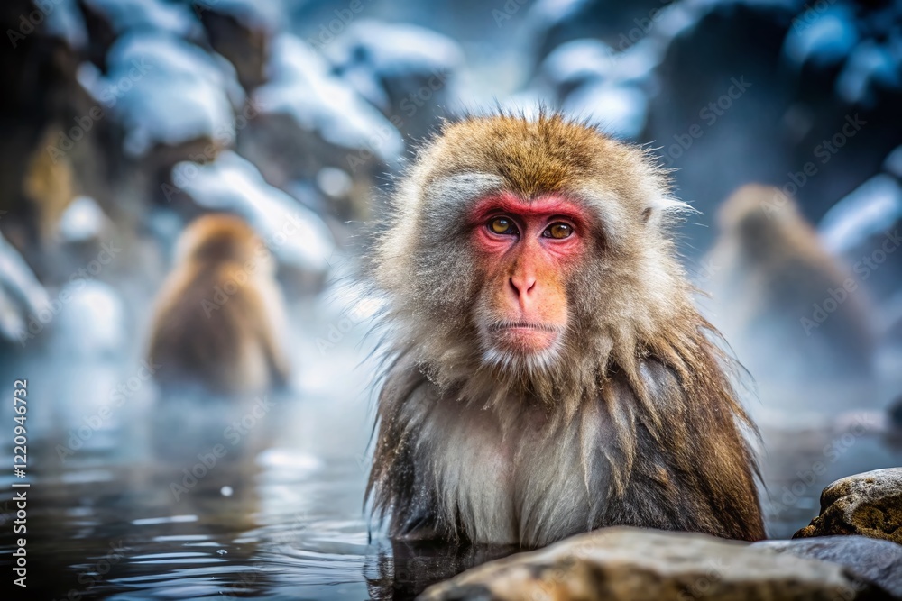 Fototapeta premium Japanese Macaque Relaxing in Hot Spring, Winter Snow Monkey Portrait, Wildlife Photography