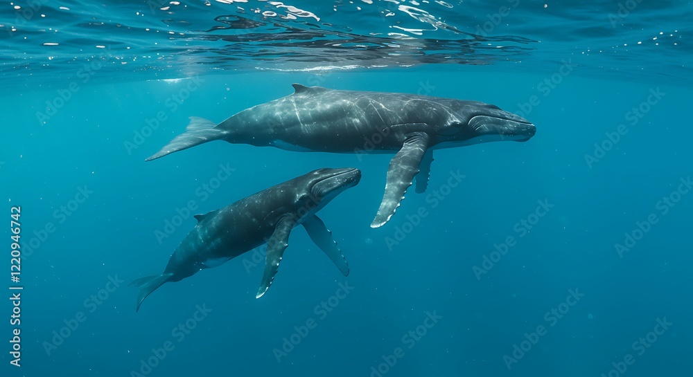 Majestic humpback whale mother and calf swimming in deep blue ocean. Wildlife at its best. Majestic humpback whale mother and calf swimming in deep blue ocean. Wildlife at its best.