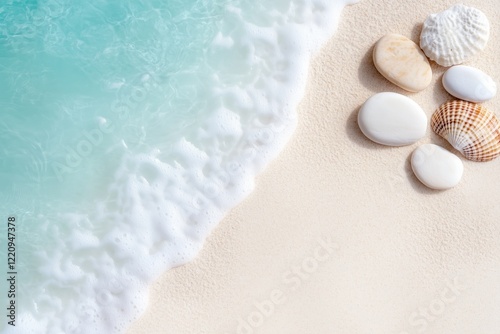 Sandstrand mit weißen Steinen und sanften Wellen in türkisfarbenem Wasser photo