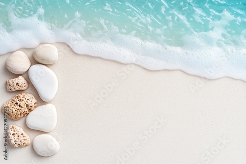 Sandstrand mit weißen Steinen und sanften Wellen in türkisfarbenem Wasser photo