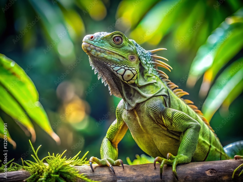 Relaxed Iguana Practicing Yoga Pose, Green Reptile in Nature, Copy Space Relaxed Iguana Practicing Yoga Pose, Green Reptile in Nature, Copy Space
