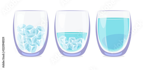 Stages melting ice in glass. Full of clean melt pure aqua in transparent glassware. fresh beverage. Cocktail or mineral blue cold liquid. Cartoon flat style isolated vector concept