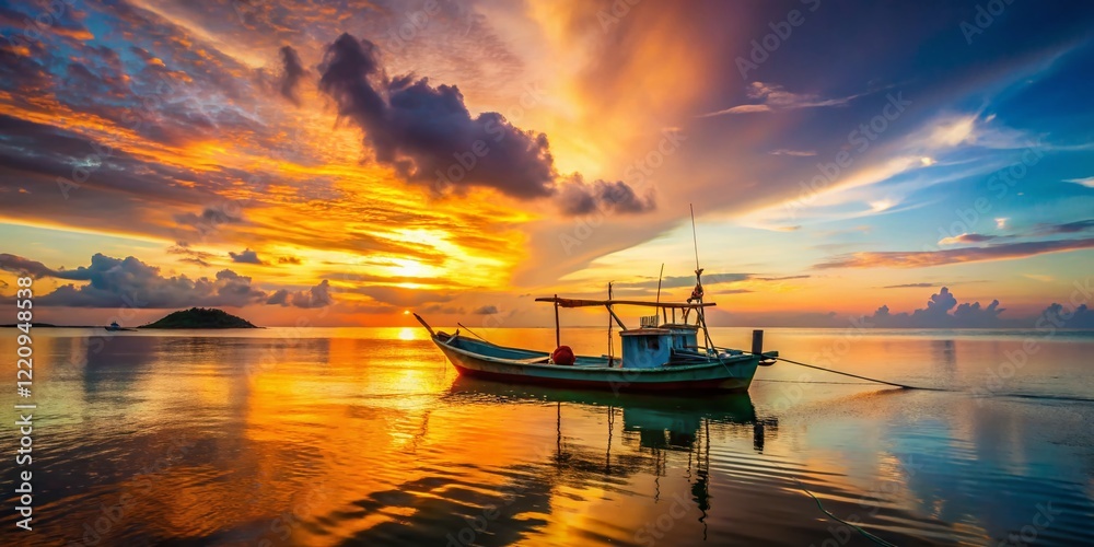 Koh Phangan Sunset: Fisherman's Boat Silhouette at Golden Hour Koh Phangan Sunset: Fisherman's Boat Silhouette at Golden Hour