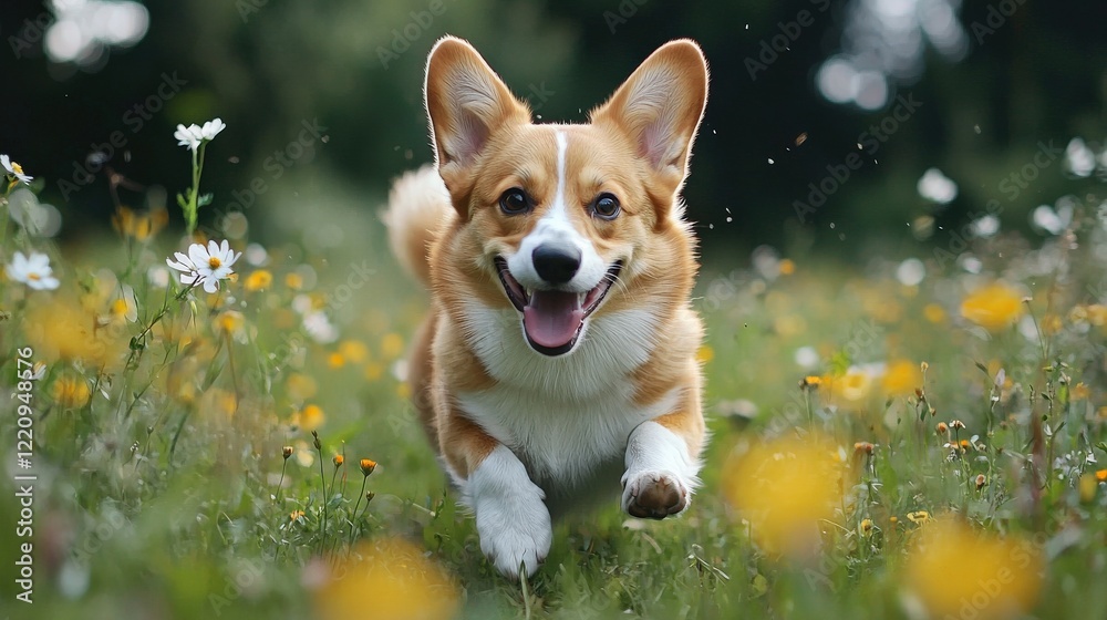 A fluffy corgi running through a field of wildflowers, its short legs moving energetically A fluffy corgi running through a field of wildflowers, its short legs moving energetically