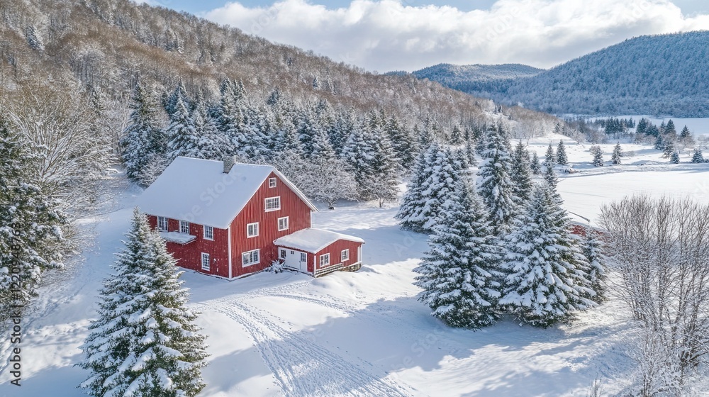 Naklejka premium Christmas tree farm in snowy rural landscape