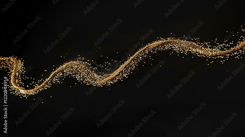 A long, curving line of gold glitter. The glitter is scattered across the black background, creating a sense of movement and energy. A long, curving line of gold glitter. The glitter is scattered across the black background, creating a sense of movement and energy.