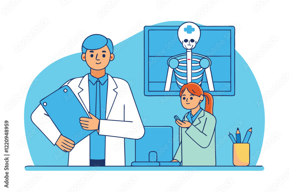 A doctor examining a patient's X-ray cartoon vector art illustration.eps