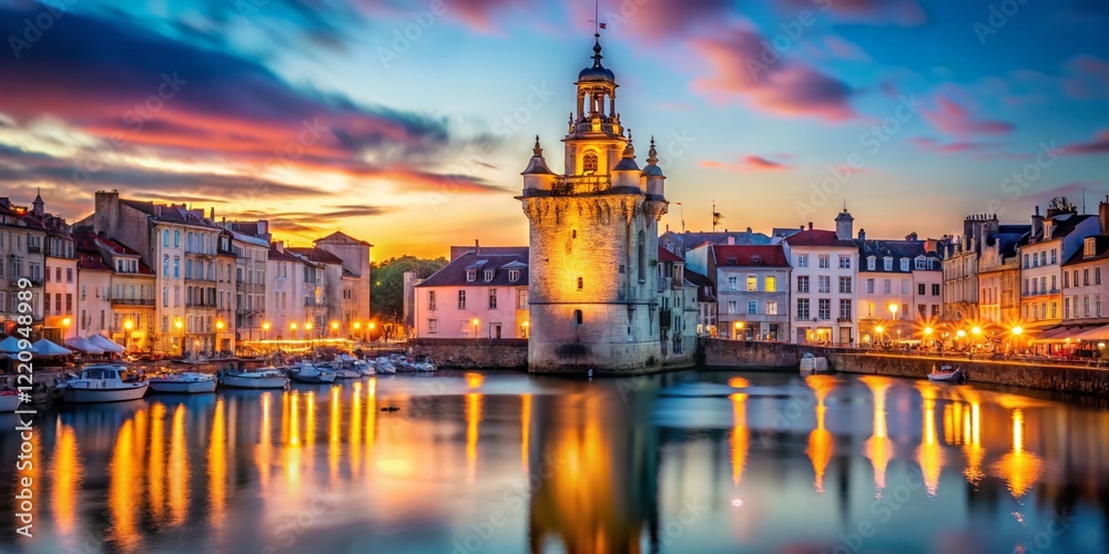 Fototapeta premium La Rochelle Clock Tower, Grosse Horloge, Romantic Bokeh at Dusk, Bay of Biscay, France