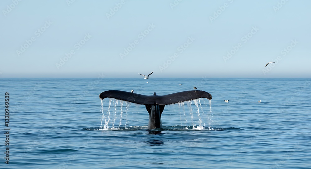 Fototapeta premium Majestic humpback whale tail fluke in the vast blue ocean. Beautiful wildlife.