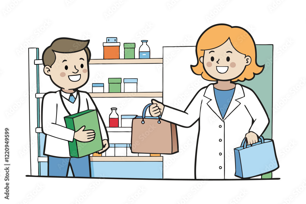 A pharmacist handing a prescription bag to a customer cartoon vector art illustration.eps A pharmacist handing a prescription bag to a customer cartoon vector art illustration.eps