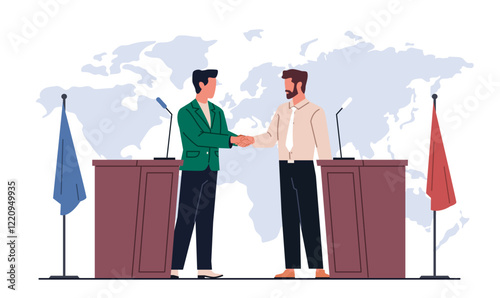 Politicians make international agreement. Men on wooden pedestals shake hands as result of negotiations, different flags, public meeting. Cartoon flat style isolated vector concept