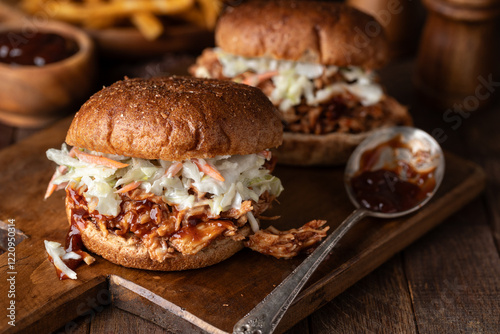 Barbeque pulled chicken and coleslaw sandwiich on whole wheat bun