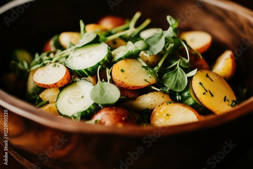 rustic wooden bowl filled with a fresh spring potato salad featuring red-skinned potatoes, crunchy cucumber slices, and vibrant microgreens photo