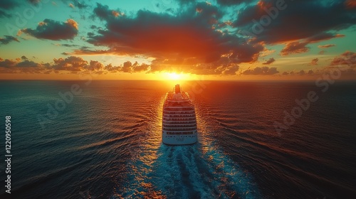 Majestic Cruise Ship Sailing into a Vibrant Sunset