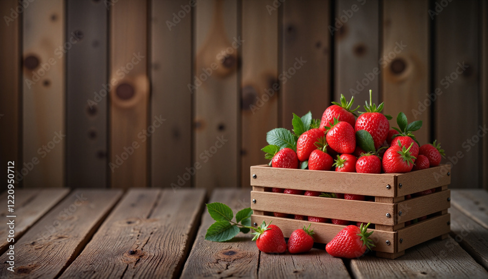 Fresh strawberries in a rustic wooden crate on a textured table, minimalistic style Fresh strawberries in a rustic wooden crate on a textured table, minimalistic style