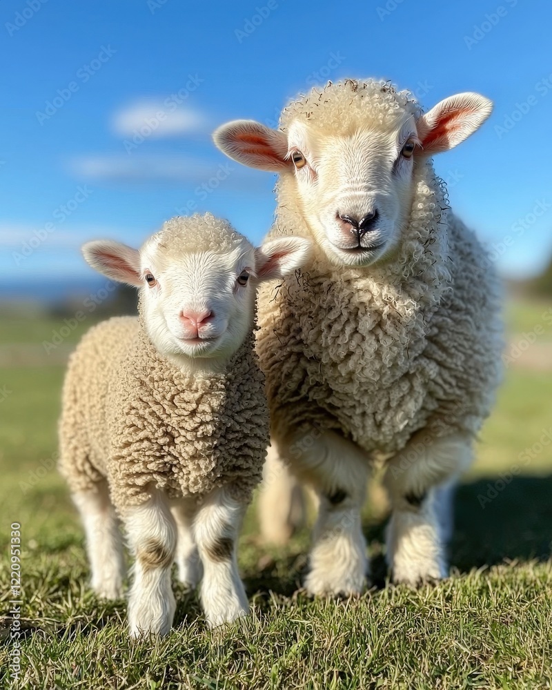 A fluffy lamb standing next to its mother in a green pasture under a clear blue sky A fluffy lamb standing next to its mother in a green pasture under a clear blue sky