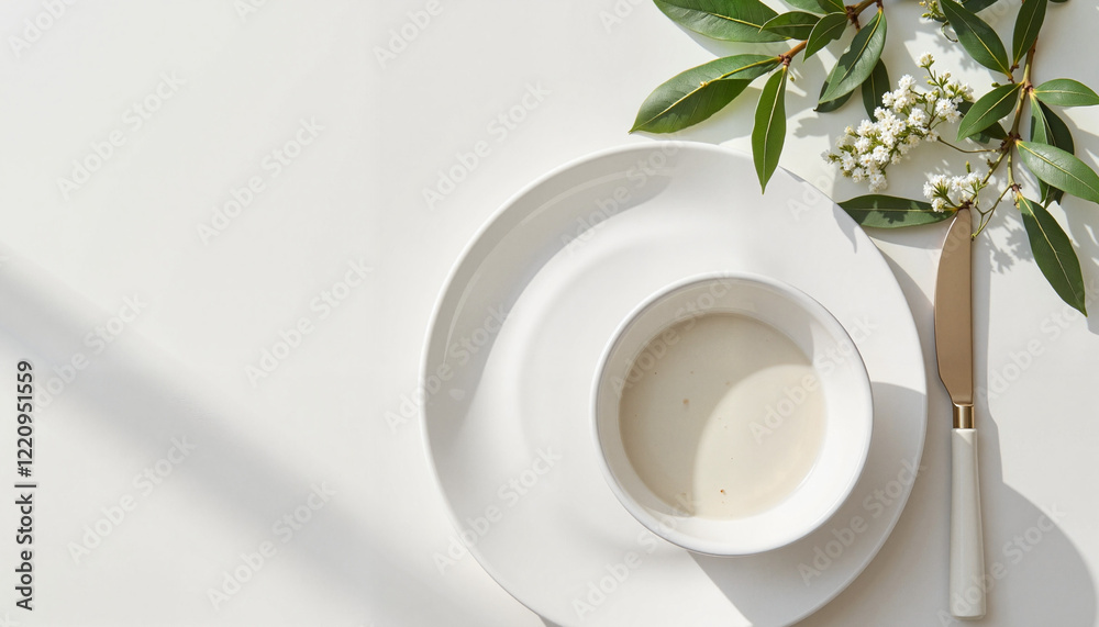 Empty white bowl on plate with green leaves and flowers Empty white bowl on plate with green leaves and flowers
