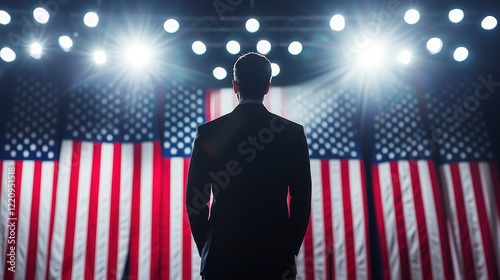 A soloist singing the anthem during a formal ceremony, with patriotic flags in the background.