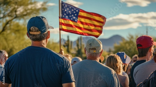 A group of people singing the Arizona state anthem at a local event, with the Arizona flag displayed proudly.