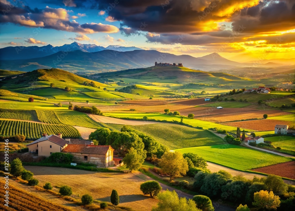 Fototapeta premium Rioja Wine Region, Spain: Picturesque Countryside Landscape with Rolling Hills and Vineyards