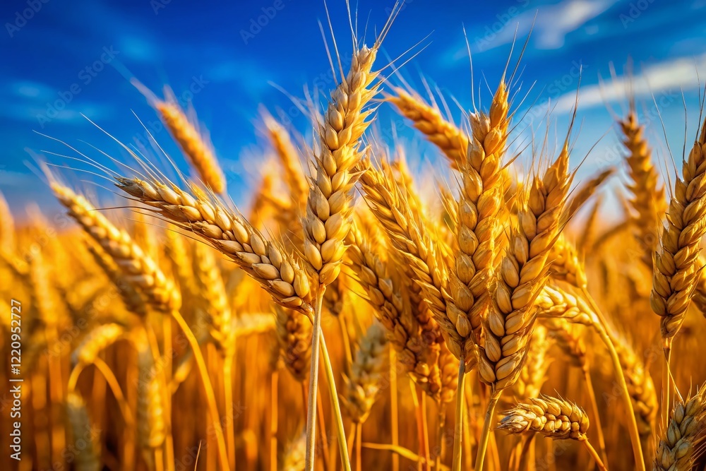Ripe Wheat Close-Up: Golden Spikelets Against Azure Sky - Stock Photo Ripe Wheat Close-Up: Golden Spikelets Against Azure Sky - Stock Photo