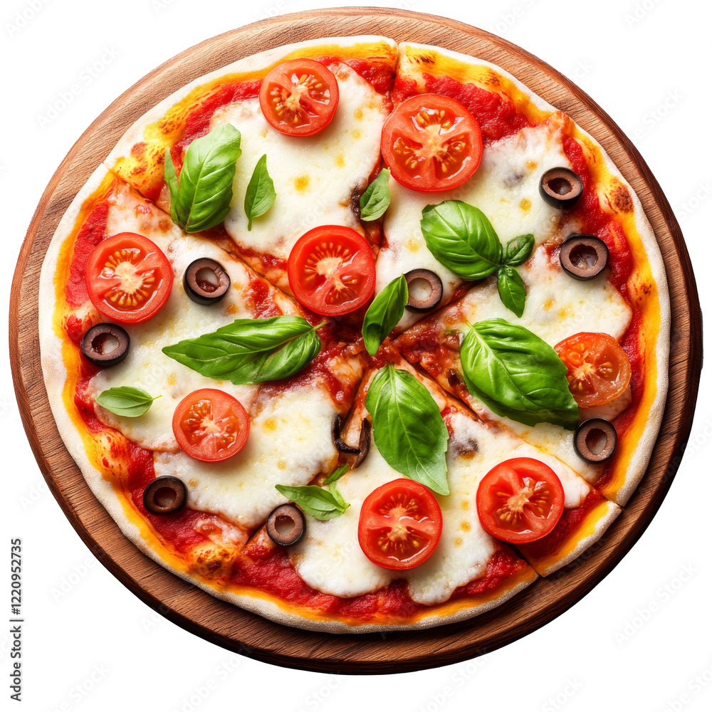 Fresh Italian pizza topped with mozzarella, tomatoes, and basil on wooden board Fresh Italian pizza topped with mozzarella, tomatoes, and basil on wooden board