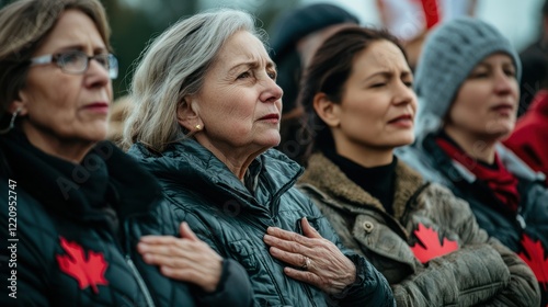 A group of people gathered at a ceremony, singing the Canadian national anthem together with hands on their hearts.
