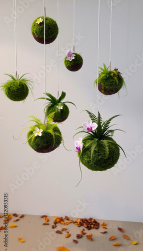 Decorative hanging planters with lush green moss, vibrant ferns, and blooming orchids, designed for modern interior décor. Minimalist design showcasing stunning accents for homes, creating a serene an photo