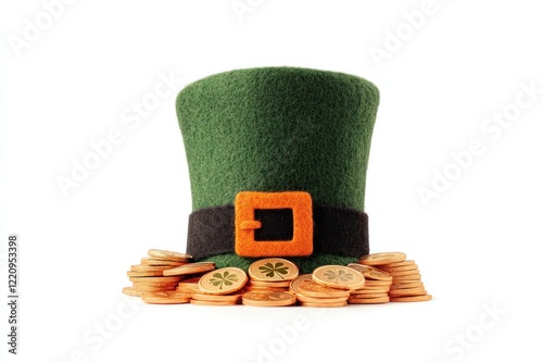 Green leprechaun hat surrounded by gold coins on a white background, symbolizing good fortune, celebration, and St Patrick s Day festivities photo