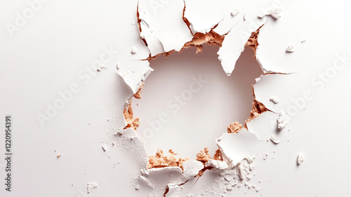 Close up view of a hole in a white surface, showing torn and frayed edges. The hole is irregularly shaped and reveals the underlying material. The texture is rough and damaged.