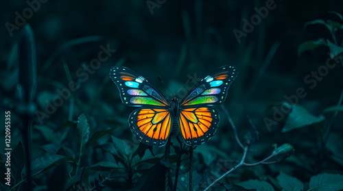 Futuristic, colourful butterfly in nature environment.
