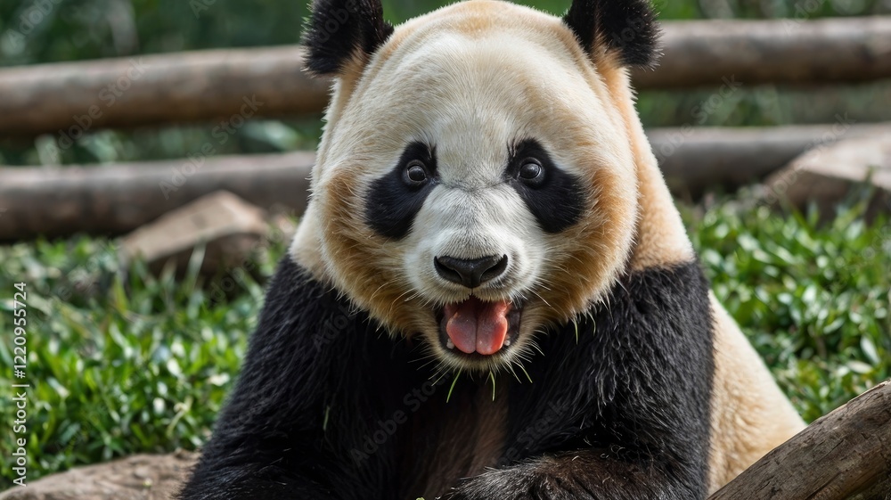 Fototapeta premium A panda is sticking its tongue out at another panda