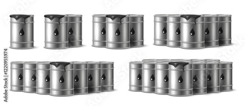 Metal oil drums. Realistic isolated hazard black liquid containers, label with droplet, different compositions, tank in storage or warehouse, machine diesel or car gasoline, 3d vector set