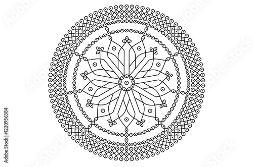 Beautiful Kolam Mandala design concept of line drawing isolated on white background - vector illustration
