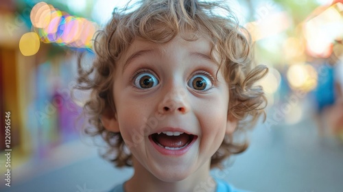 A child eagerly waiting for the next event at an amusement park with wide eyes and a smile.