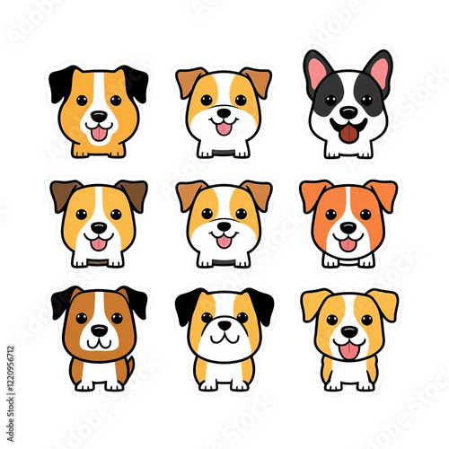 A collection of cute cartoon dog faces arranged in a grid, showcasing various breeds and expressions. photo