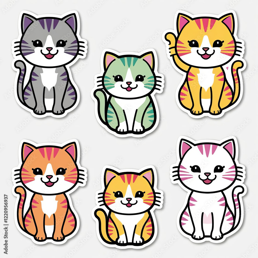 Fototapeta premium A colorful collection of cute, cartoon-style cats with various patterns, showcasing their playful and charming expressions.