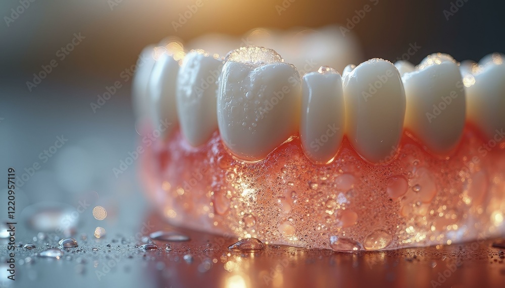 Glossy Tooth Model With Pinkish Red Surface And Water Droplets In Soft Lighting