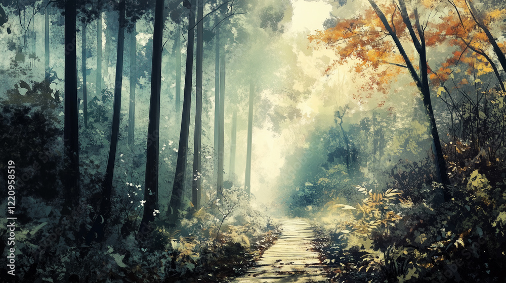 Obraz premium Mystical Forest Pathway with Autumn Leaves and Sunlight