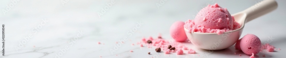 Gelato scoop on a marble background with a few gelato balls surrounding it, frozen yogurt, dessert Gelato scoop on a marble background with a few gelato balls surrounding it, frozen yogurt, dessert