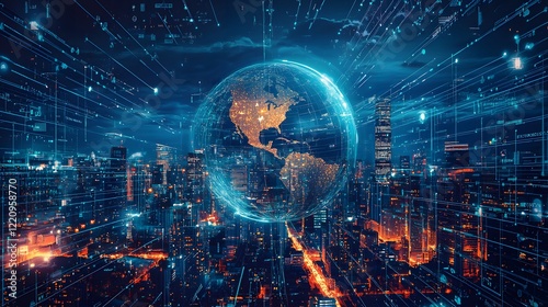 A cyberpunk city skyline with glowing data streams, representing Data Sovereignty, with a globe in the center and a single figure struggling to break free