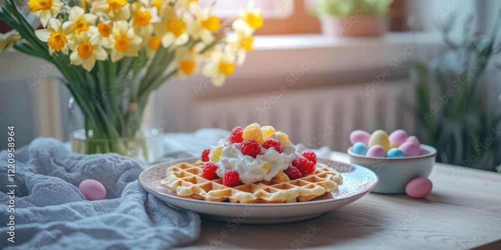 Inviting Easter breakfast scene with waffles, whipped cream, fresh berries, and decorated eggs Inviting Easter breakfast scene with waffles, whipped cream, fresh berries, and decorated eggs
