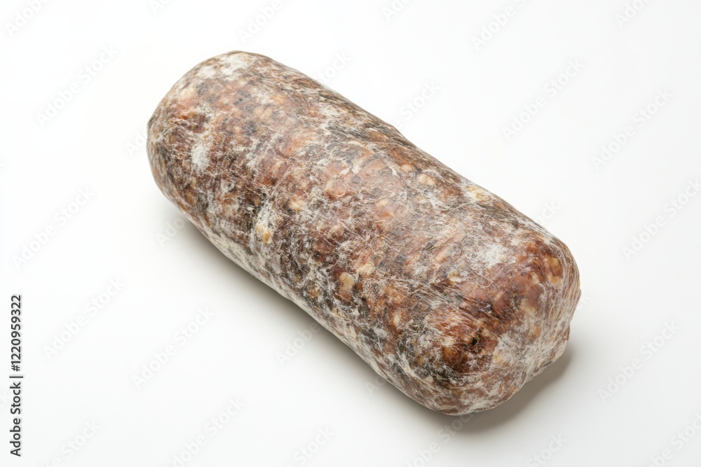 Andouille sausage presented on a clean white background showcasing its texture and realistic details for culinary inspiration Andouille sausage presented on a clean white background showcasing its texture and realistic details for culinary inspiration