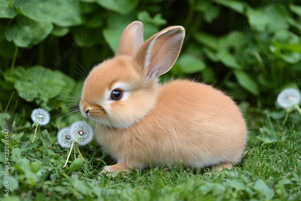 Brown Rabbit Eating Dandelions on Green Grass Brown Rabbit Eating Dandelions on Green Grass