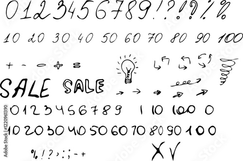 MobileCharcoal scribble arrows freehand numbers emphasis signs hand-drawn doodle squiggles Pen ink doodle rouge scratches Vector illustration hand painted scrawl Number math Mathematical symbols Sale 