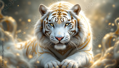 Majestic White Tiger: Golden Adornments, Dreamlike Setting