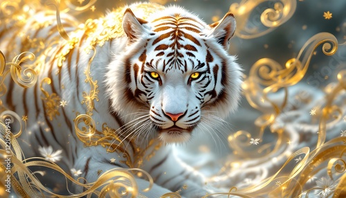 Majestic White Tiger Adorned in Golden Filigree: A Dreamlike Fantasy Artwork