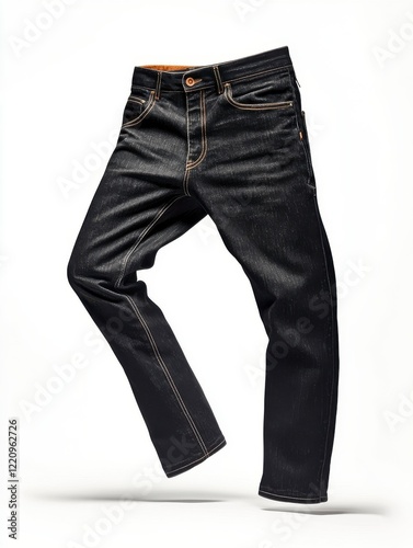product photography of black men's denim jeans floating against pure white background.